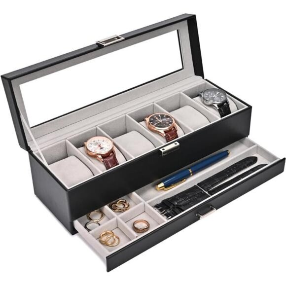 Watch Display Case 6 Slot Glass Lid Jewelry Drawer Black Leather Organizer - Picture 1 of 7